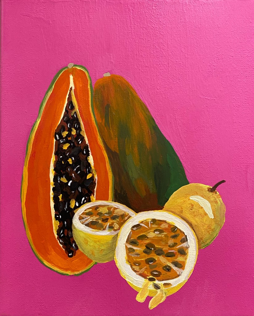 Painting of a papaya half with seeds facing the viewer next to an un-cut papaya, two guava halves with seeds dripping, and a whole guava. The background color is bright pink.